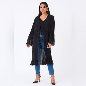 Long Black SILK BEADED COAT embelished Duster Jacket pleated